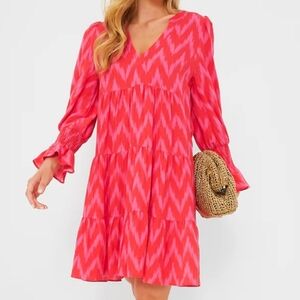 Pomander Place Pink Ikat Kenzo Long Sleeve Dress XS Tiered Hem Smocked Cuffs
